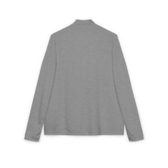 Back view of a plain grey long sleeve shirt with crew neckline on white background