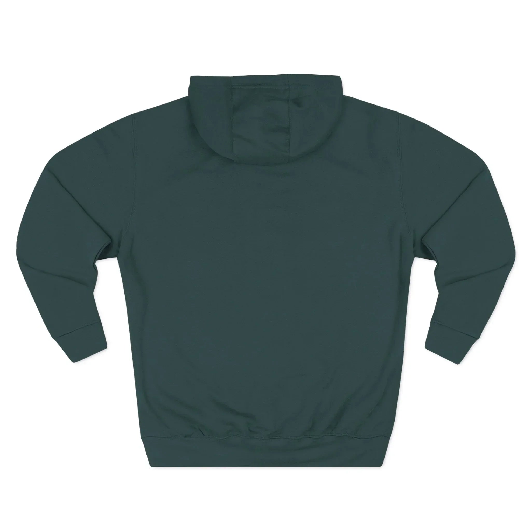 Back view of dark green hooded sweatshirt laid flat on white background