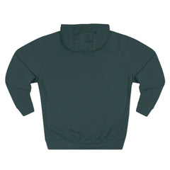 Back view of dark green hooded sweatshirt laid flat on white background
