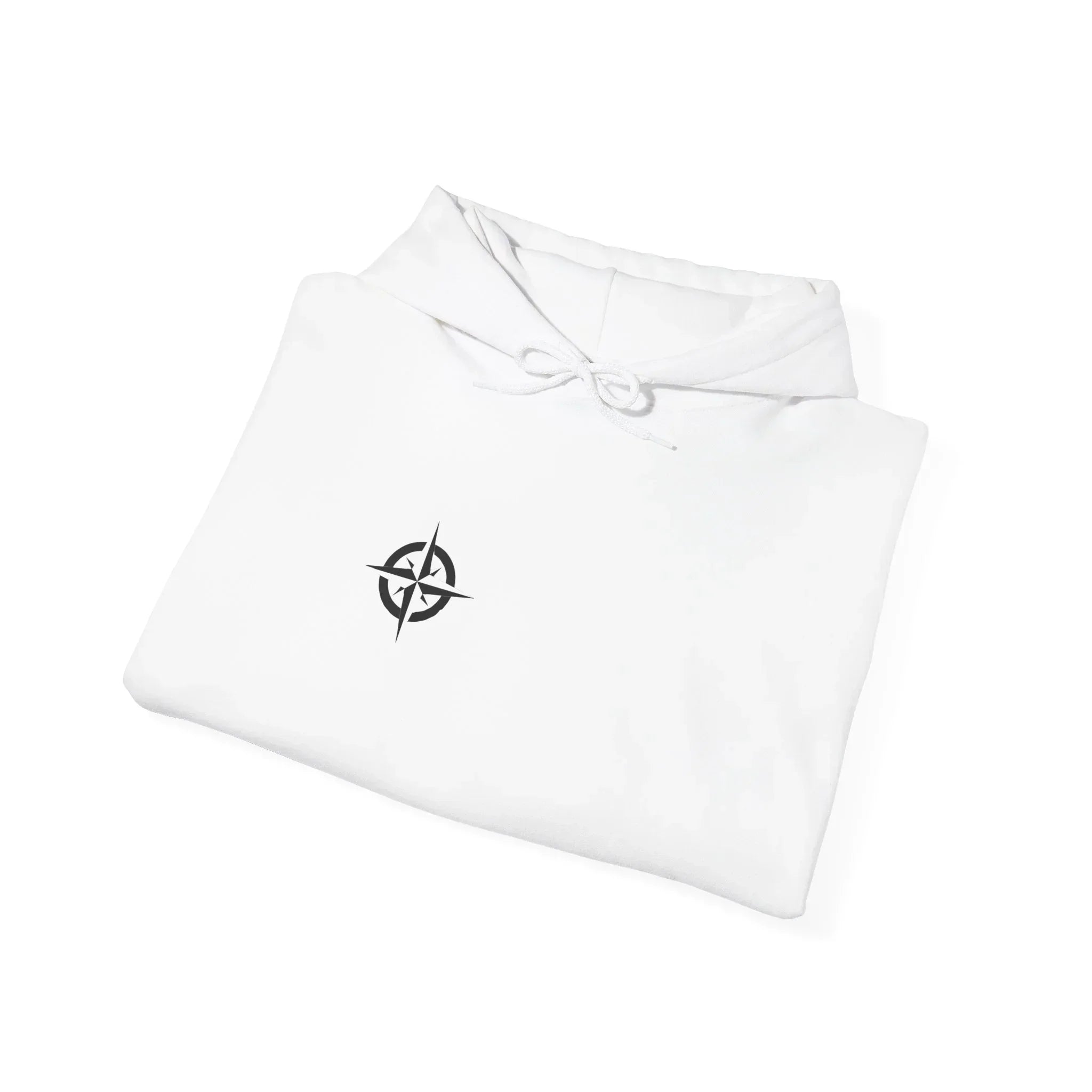 White hoodie with black compass rose logo, folded neatly on white background
