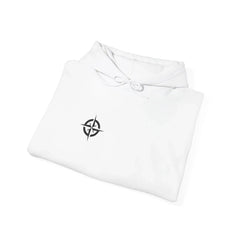 White hoodie with black compass rose logo, folded neatly on white background