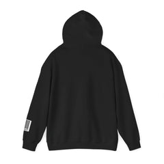 Black hoodie with barcode patch on sleeve, shown flat on a white background