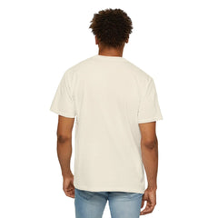 Man wearing off-white crew neck t-shirt with relaxed fit, paired with light blue jeans, back view