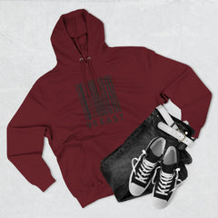 Maroon hoodie with barcode 95 EAST graphic, paired with black jeans and classic high-top sneakers for casual streetwear style.