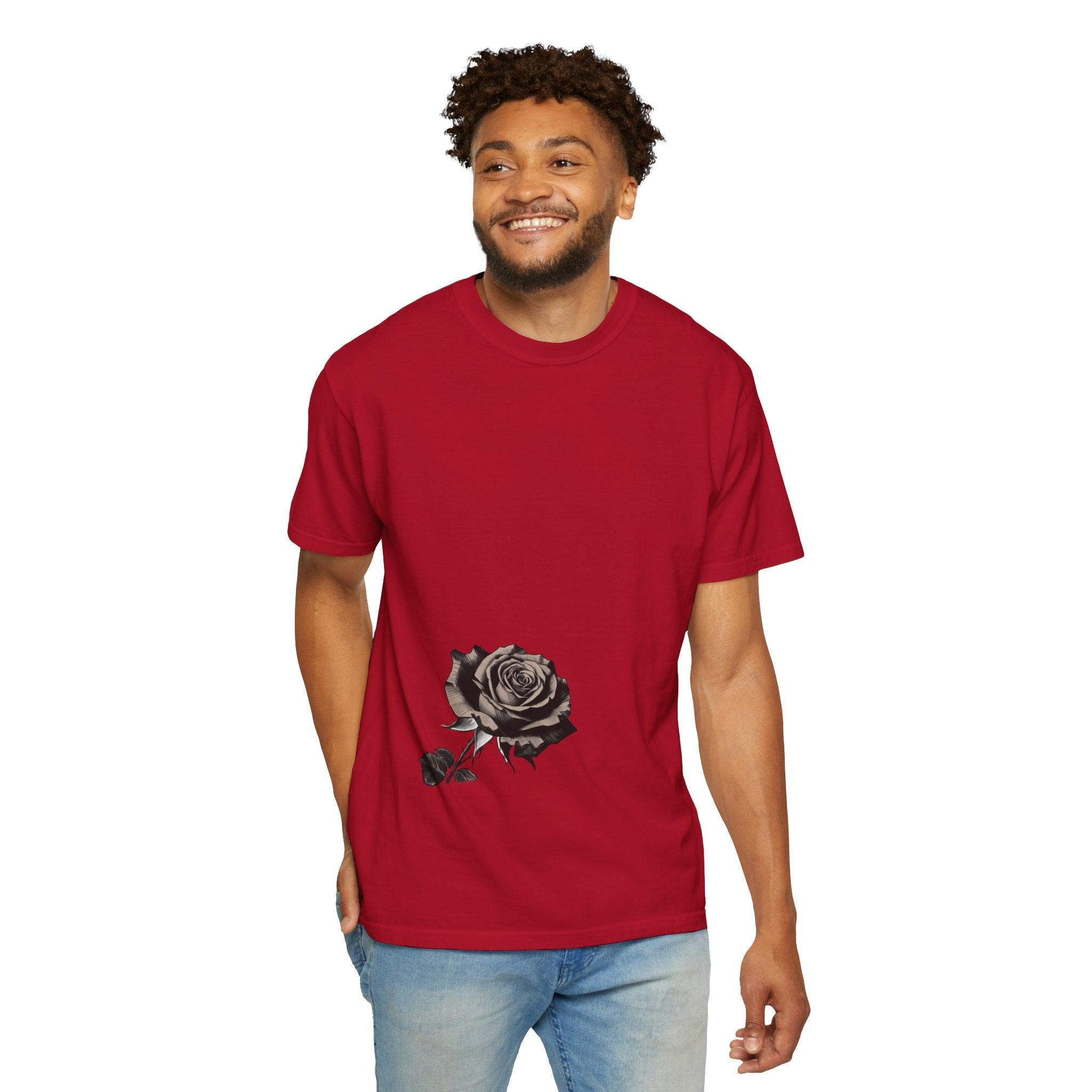 Man wearing red t-shirt with black rose graphic, casual streetwear style