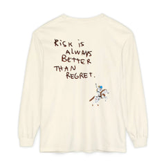 Cream long sleeve tee with 'Risk is Always Better Than Regret' text and astronaut on horse graphic