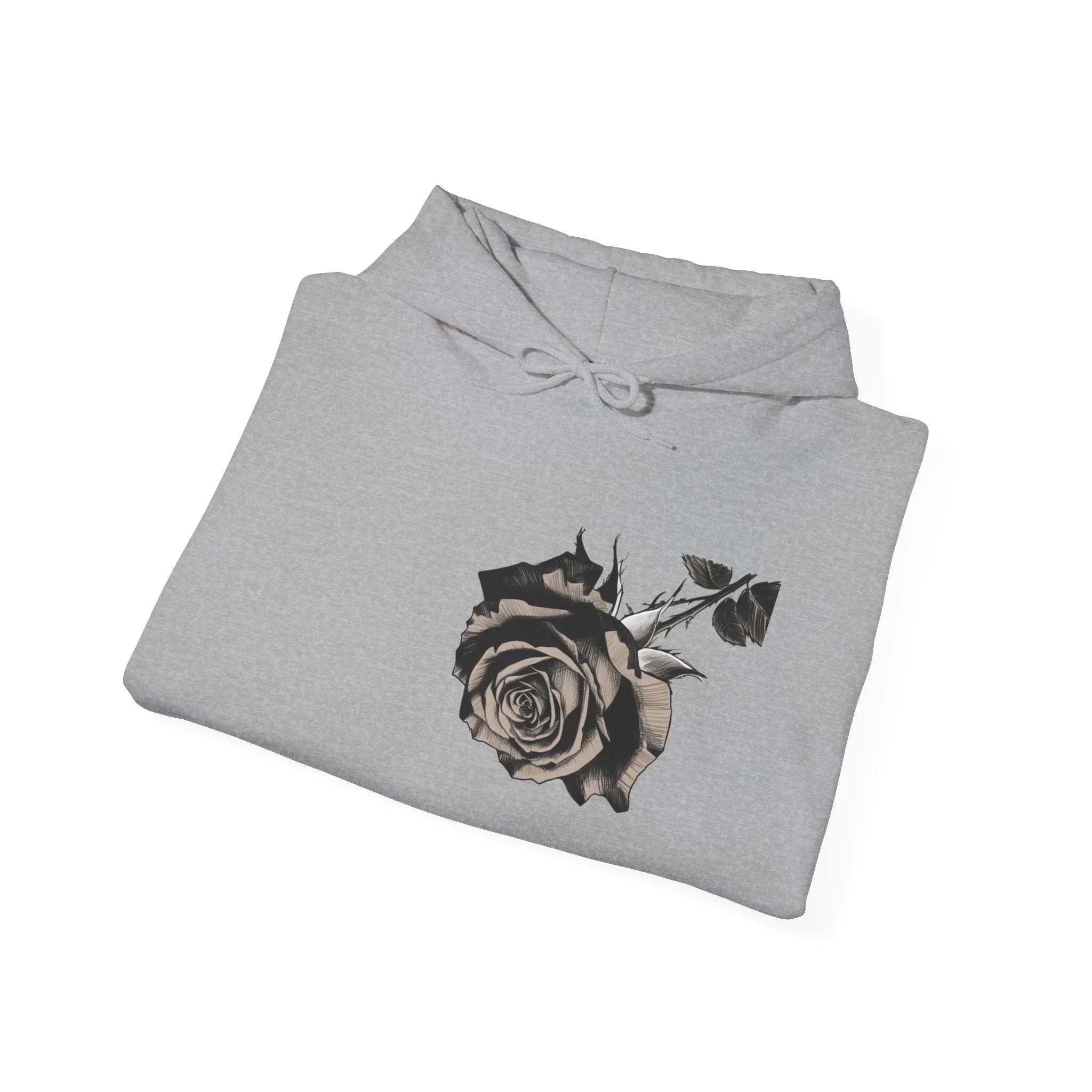 Gray hoodie with black and beige rose graphic design on front, folded on white background