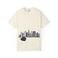 Cream t-shirt with black NYC skyline graphic and rose, urban streetwear design