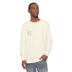 Cream long sleeve tee with green barcode graphic, modern streetwear style