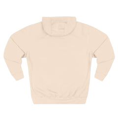 Beige hooded sweatshirt back view, plain design, long sleeves, soft cotton fabric