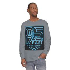 Gray long sleeve shirt with blue '95 East York x Jersey' graphic featuring city skyline and bridge design