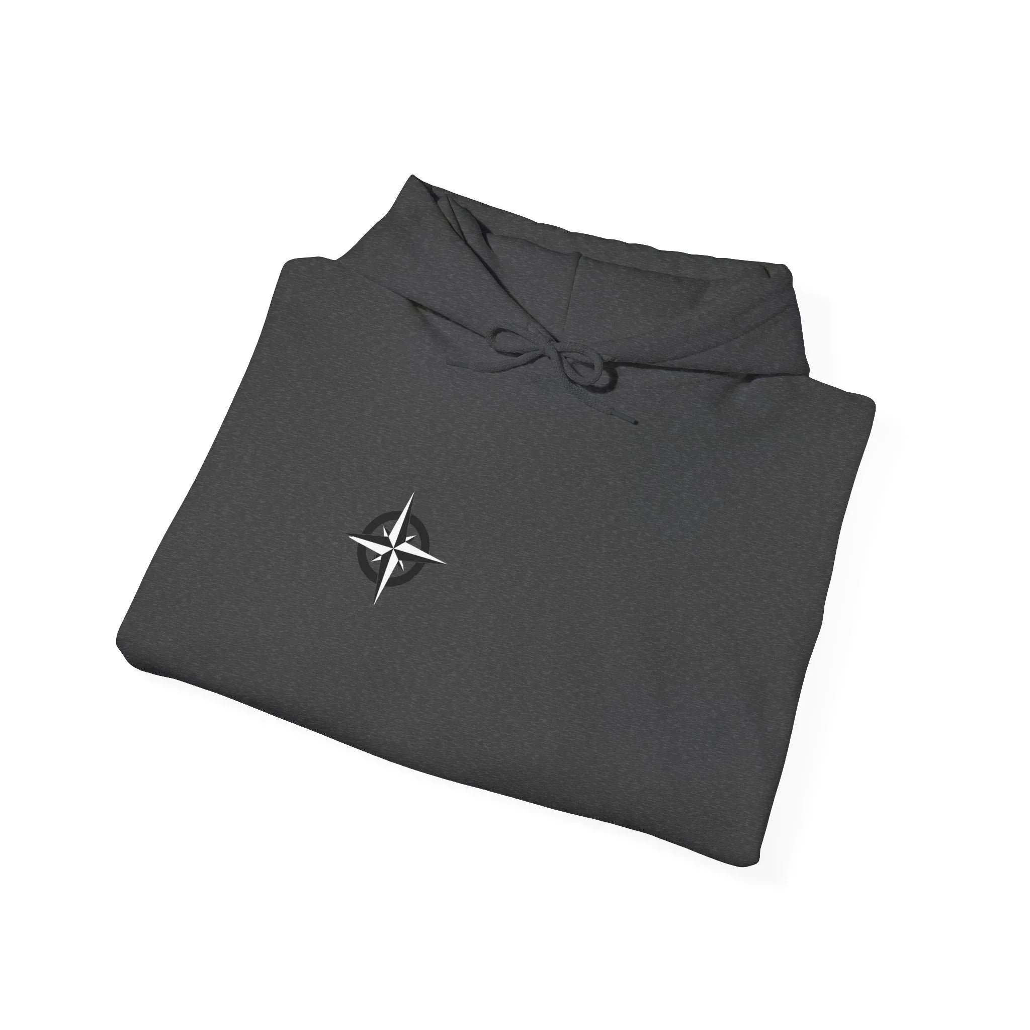 Dark gray hoodie with white compass rose graphic, folded neatly on white background