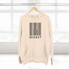 Beige hoodie with barcode design and '95 EAST' text, modern East Coast style