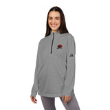 Woman wearing gray quarter-zip pullover with red rose graphic and athletic logo, casual outfit