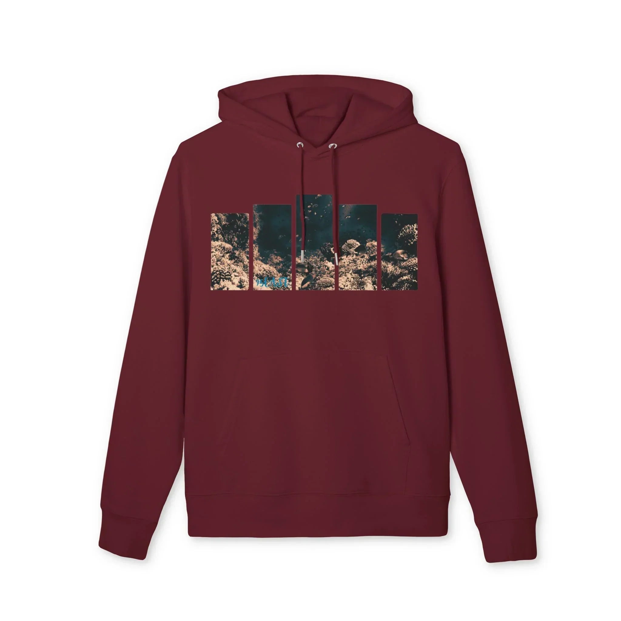 Maroon hoodie with underwater coral reef print, modern East Coast lifestyle design