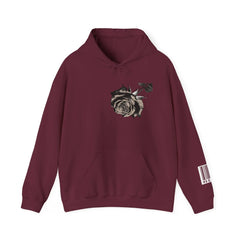Maroon hoodie with black and white rose graphic and barcode detail on sleeve