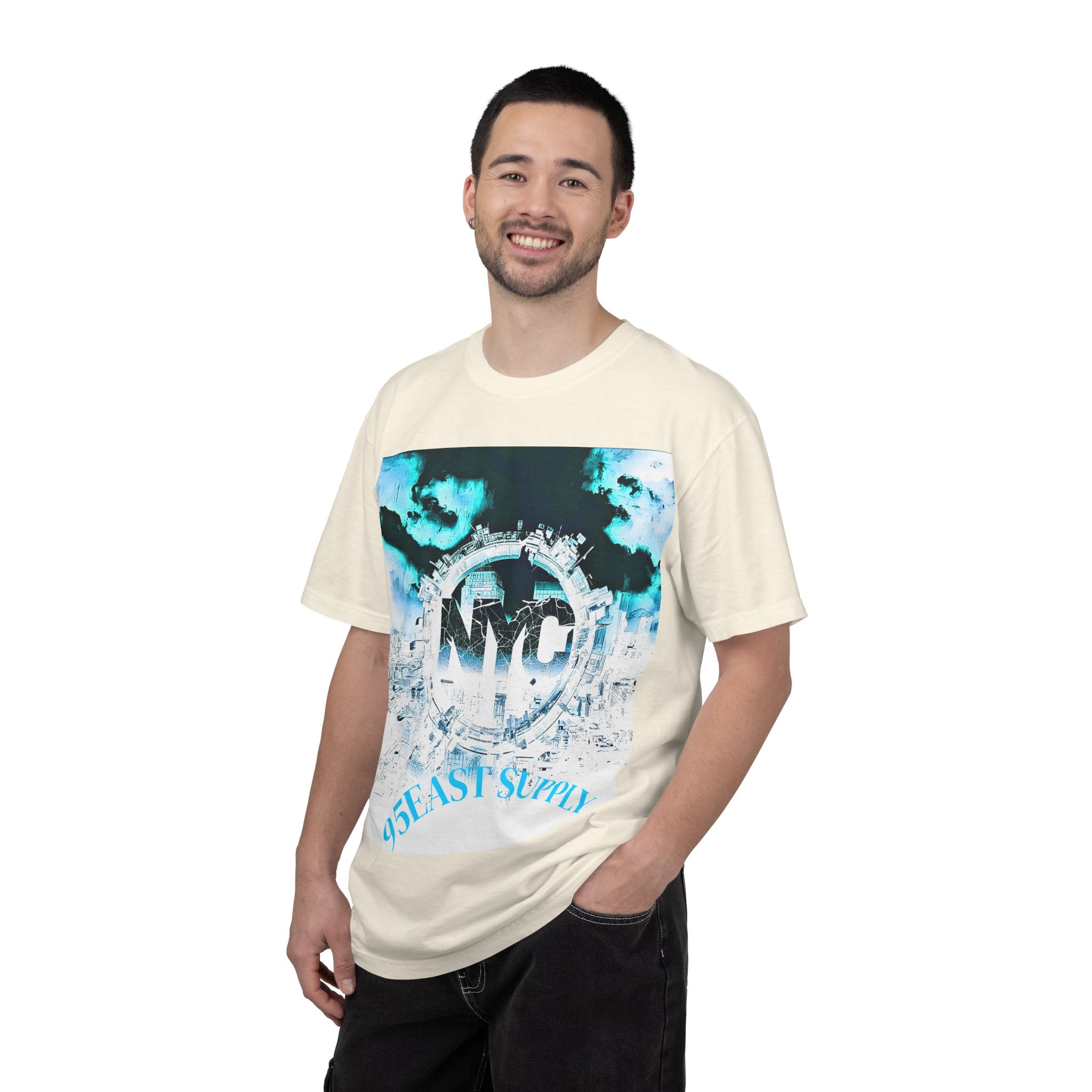 Cream t-shirt with NYC skyline graphic and 95EAST SUPPLY text, urban streetwear style