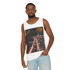 Man wearing white tank top with NYC cityscape and 95EAST print, casual streetwear style