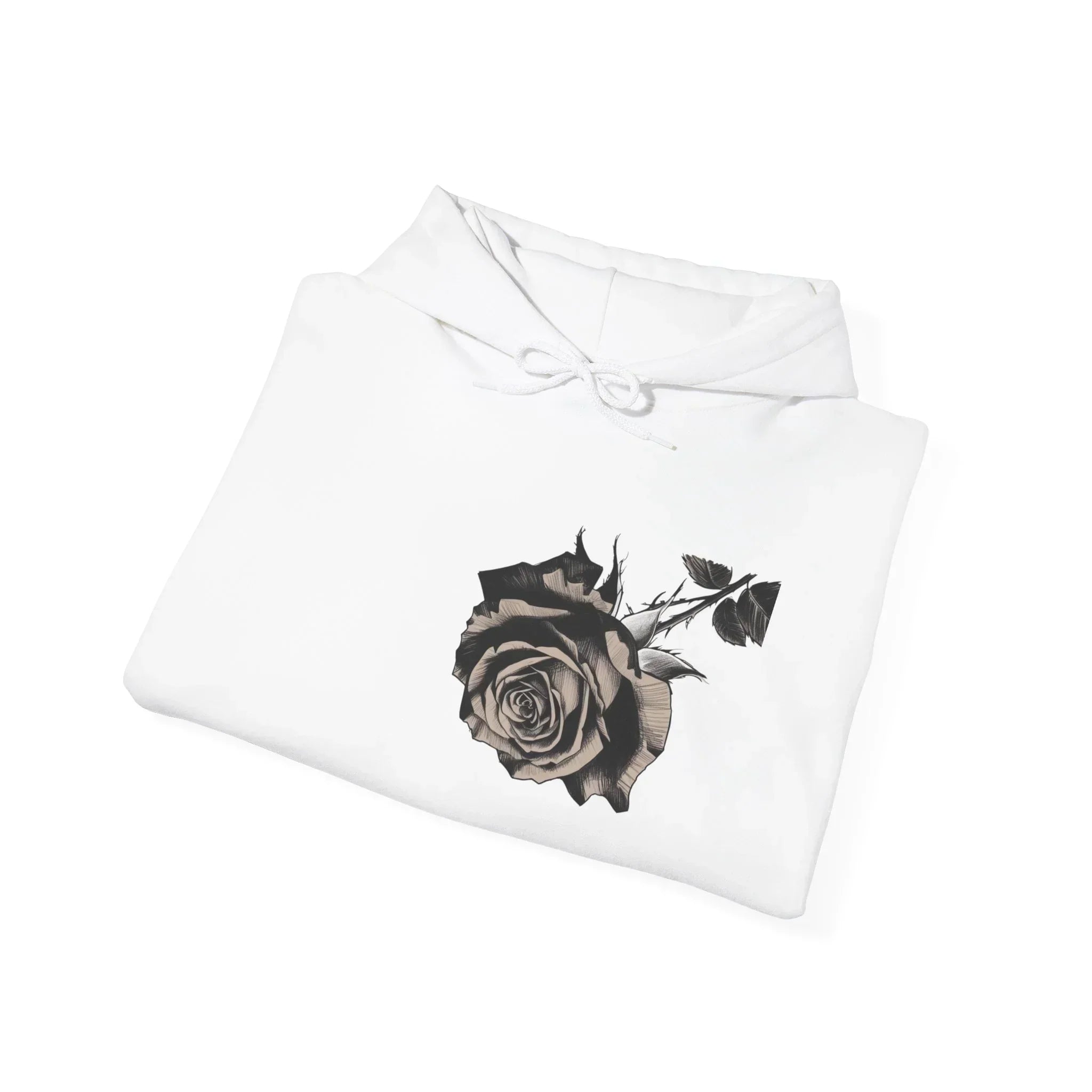 White hoodie with black rose graphic print, folded on a white background
