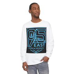 Man wearing white long-sleeve shirt with 95 East YorkxJersey graphic design featuring city skyline and bridge