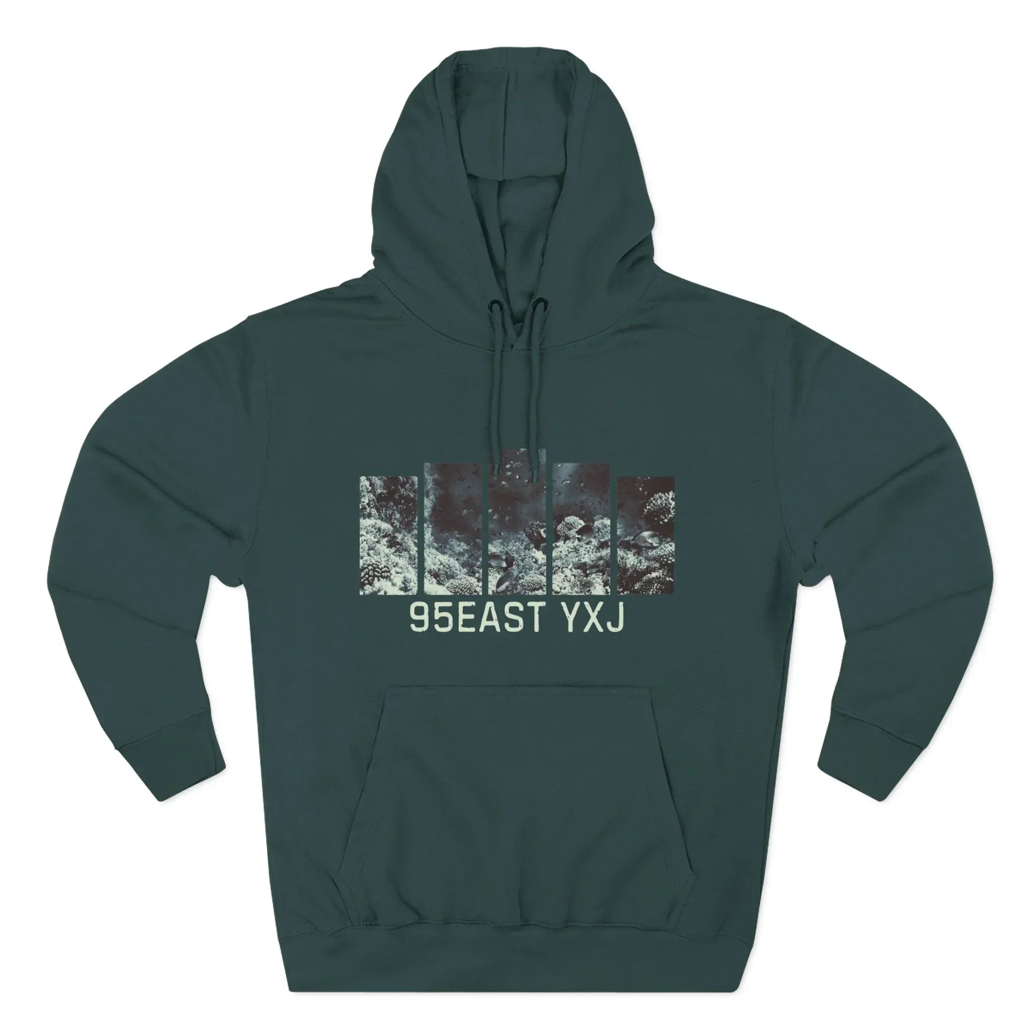 Dark green hoodie with abstract graphic panels and '95EAST YXJ' text on front.