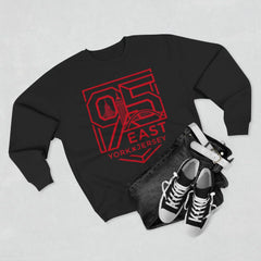 Black hoodie with red 95 East YorkxJersey graphic, paired with jeans and sneakers for urban streetwear style