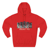 Red hoodie with abstract black and white graphic and 95EAST YXJ text on front