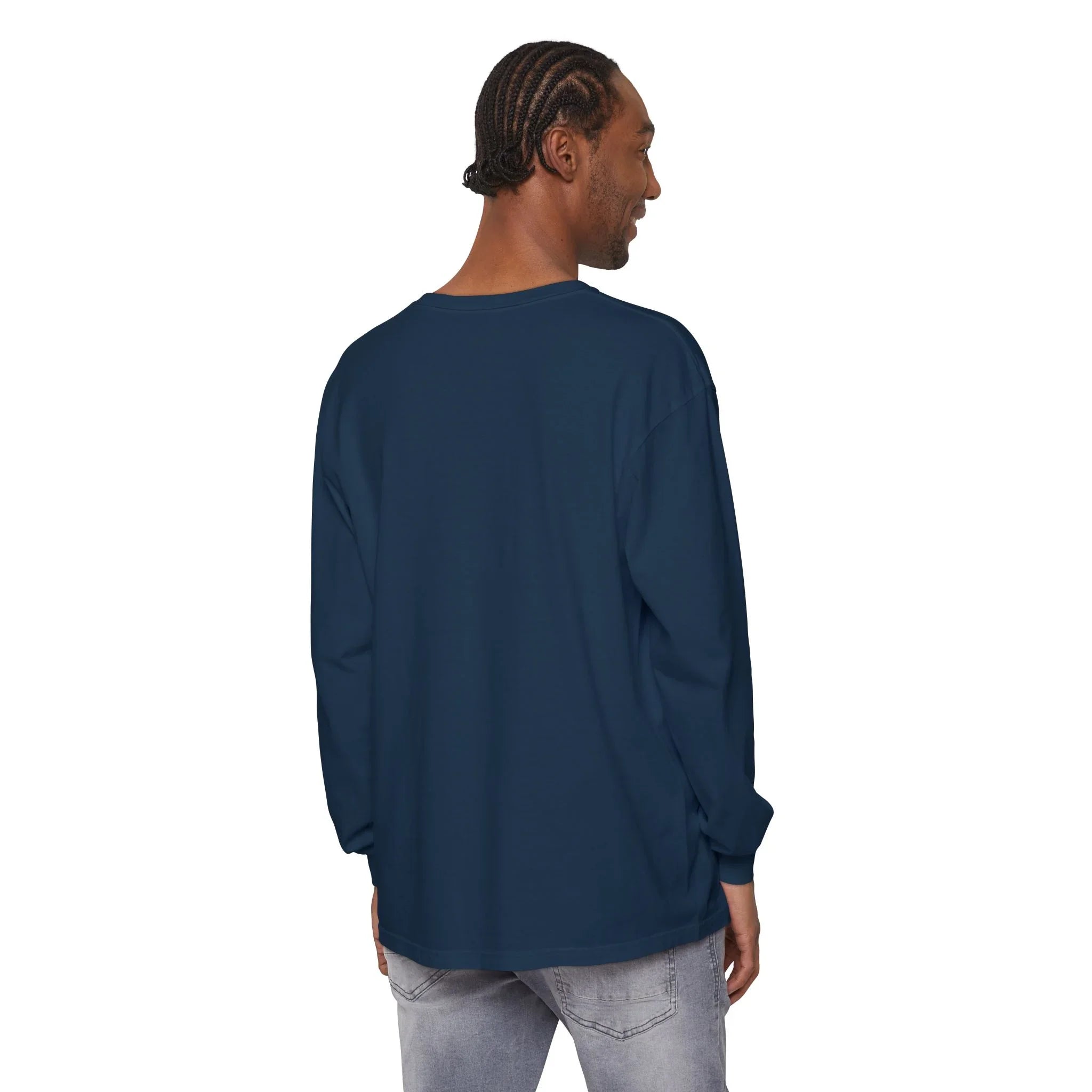 Man wearing navy long sleeve tee, back view, no graphic visible