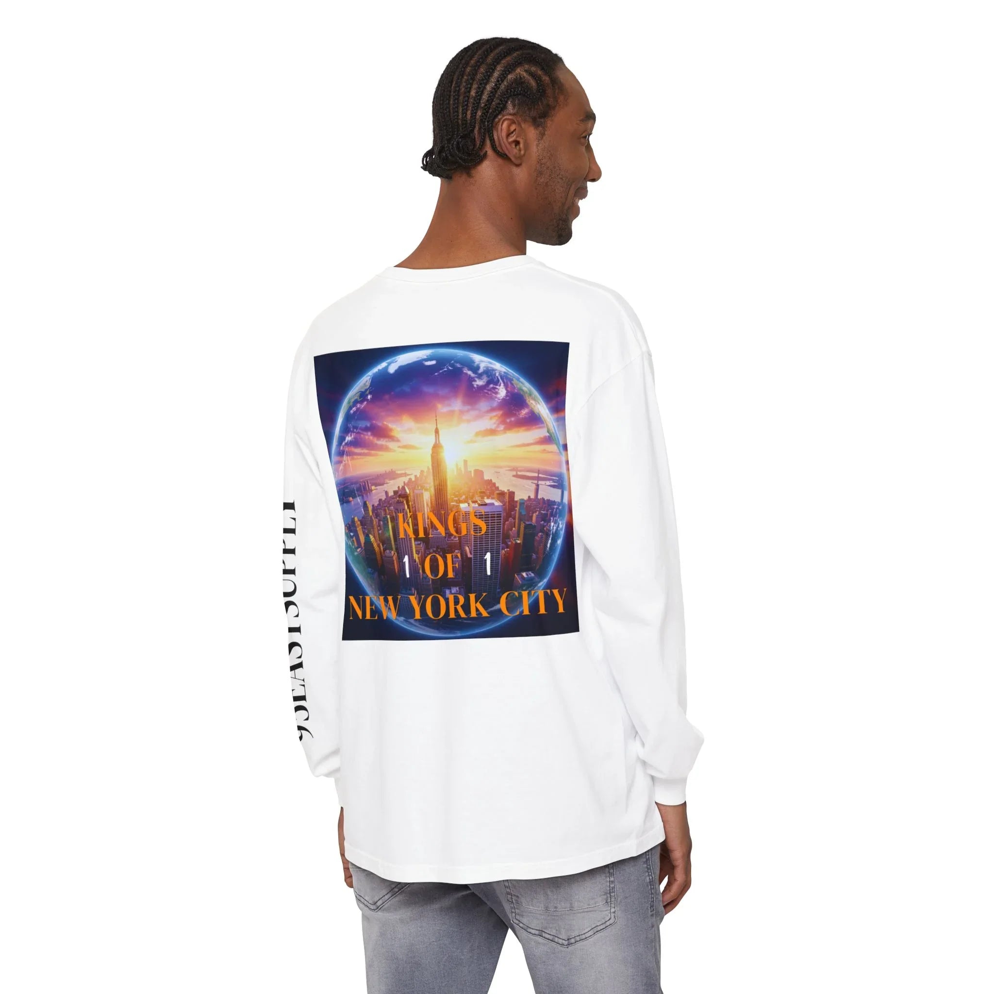 White long sleeve tee with 'Kings of New York City' graphic, NYC skyline inside globe, East Coast streetwear style