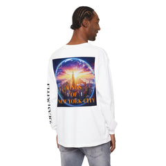 White long sleeve tee with 'Kings of New York City' graphic, NYC skyline inside globe, East Coast streetwear style