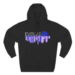 Black hoodie with blue rose graphic and city skyline, EVOLVE text, barcode sleeve detail