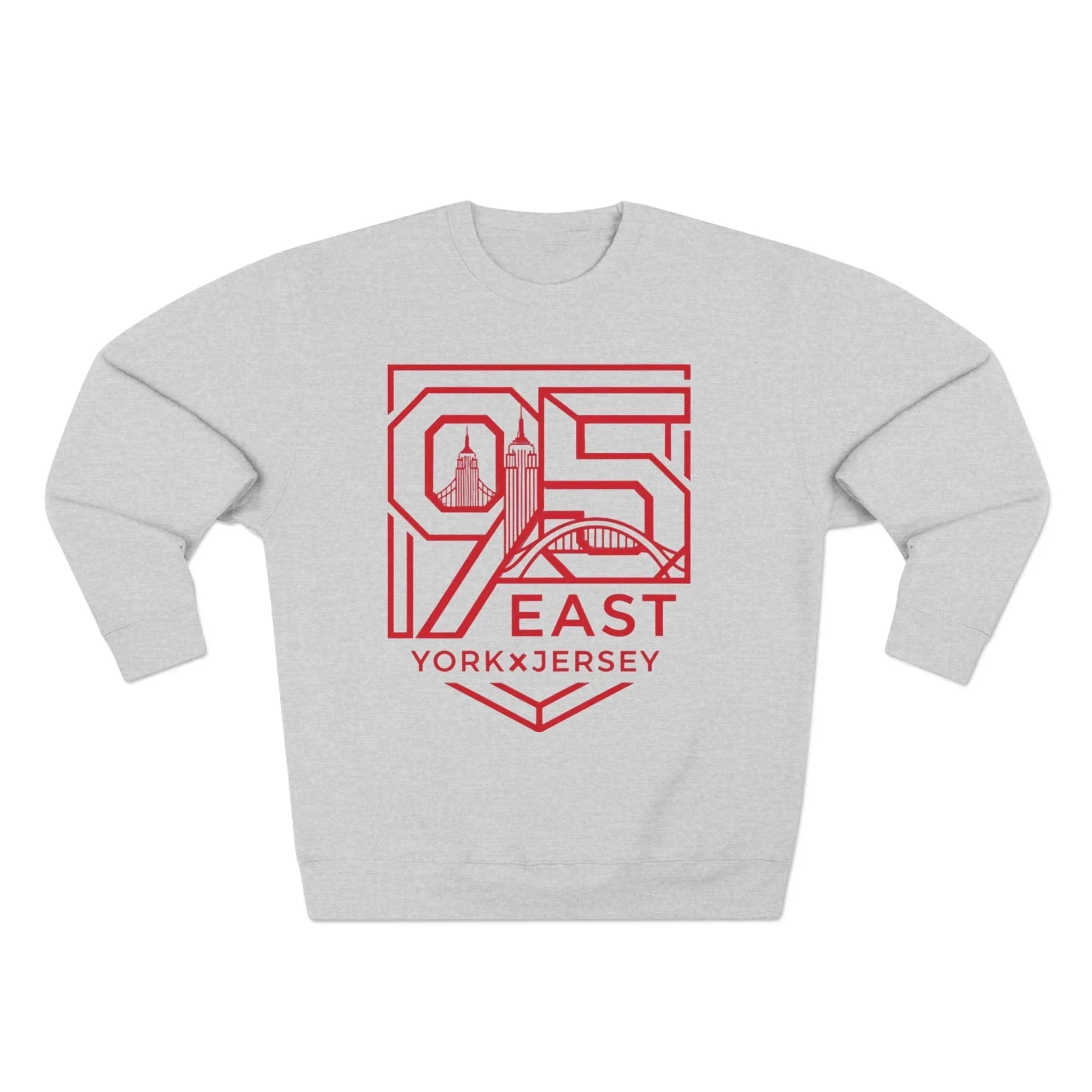 Gray sweatshirt with red 95 East YorkxJersey graphic featuring city skyline design
