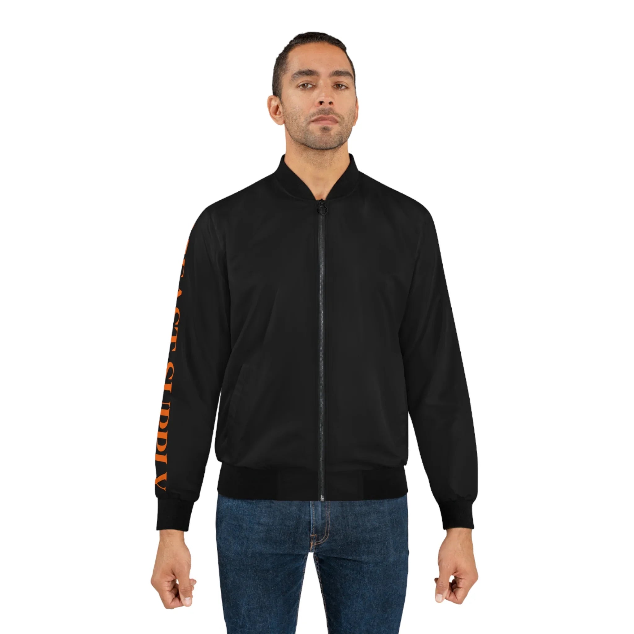 Black bomber jacket with orange sleeve text, styled with jeans for modern streetwear look