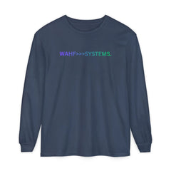 Navy long sleeve shirt with multicolor 'WAHF>>>SYSTEMS.' text on chest