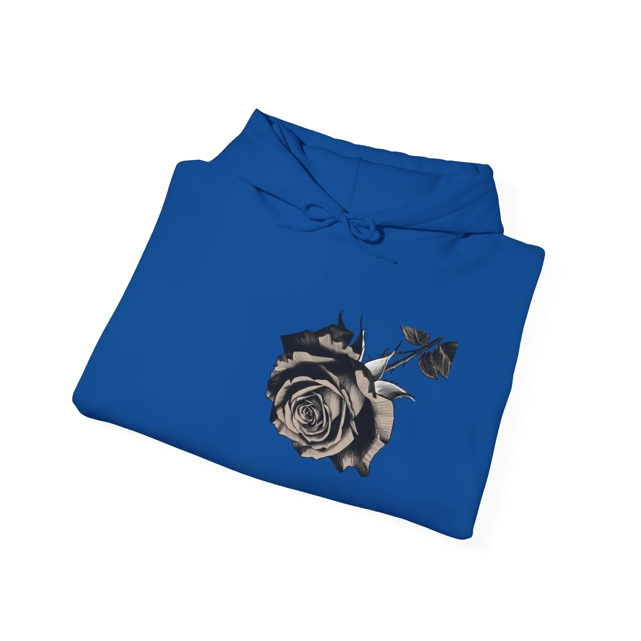 Blue hoodie with black and white rose graphic on front, folded on white background