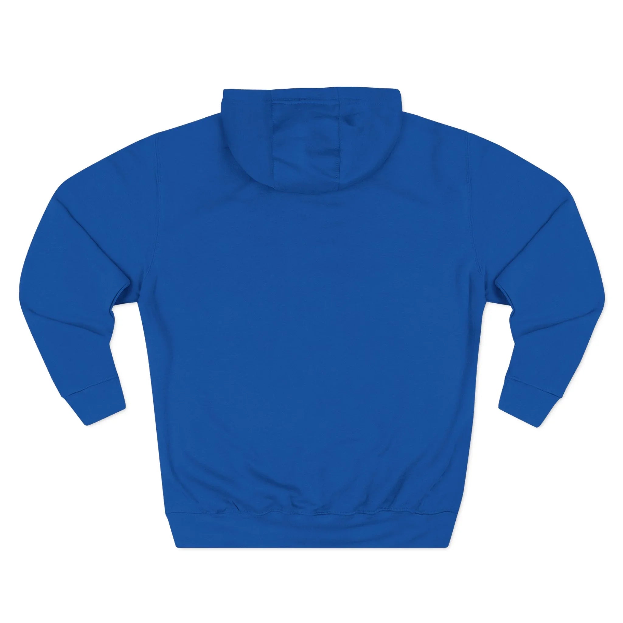 Solid blue hoodie back view, no graphics or details visible