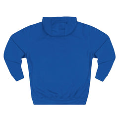 Solid blue hoodie back view, no graphics or details visible