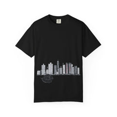 Black T-shirt with city skyline and rose graphic, urban design style
