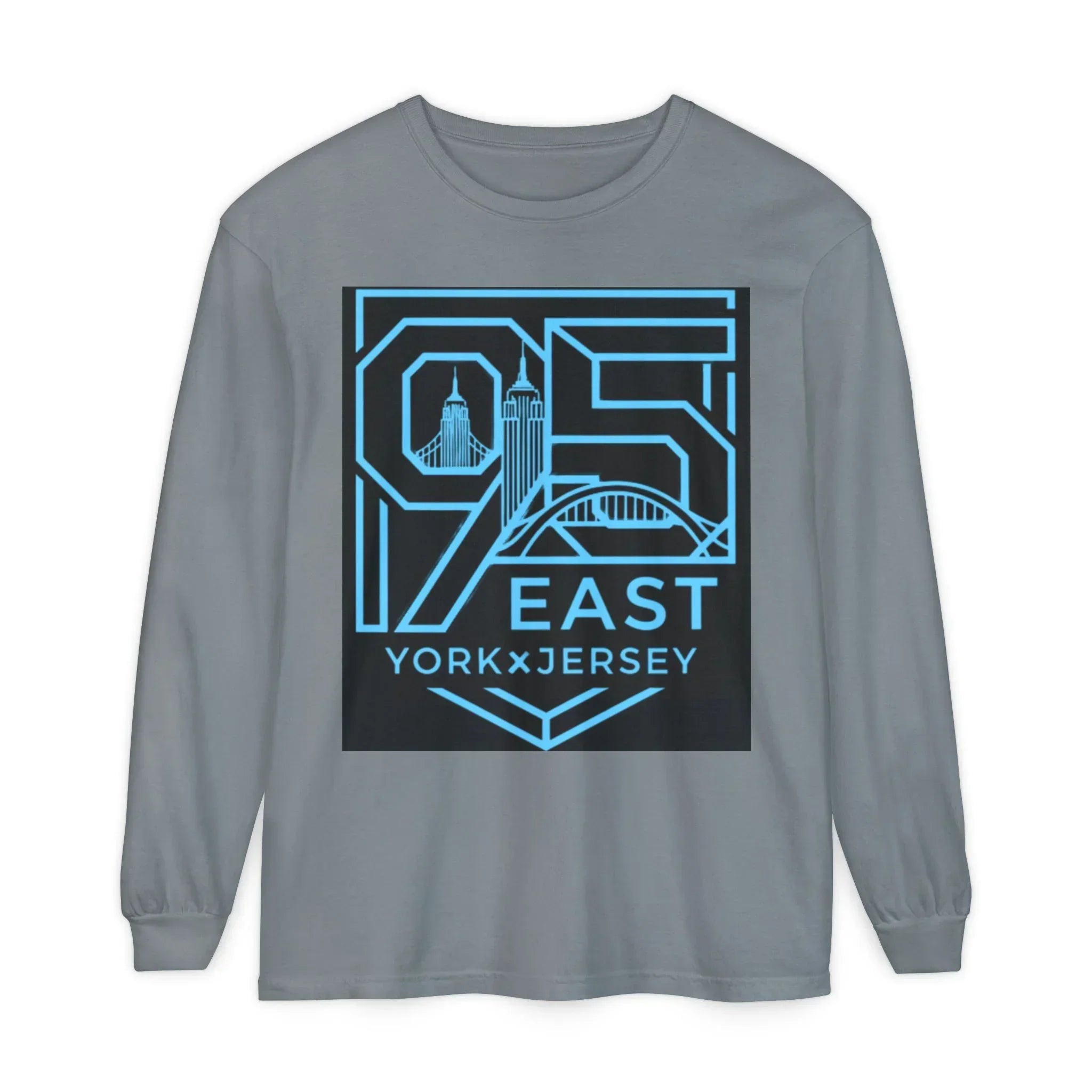 Gray long-sleeve shirt with blue '95 East YorkxJersey' graphic featuring city skyline and bridge design