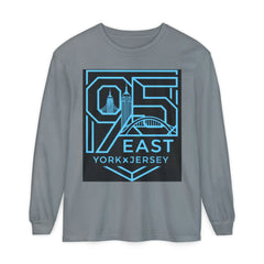 Gray long-sleeve shirt with blue '95 East YorkxJersey' graphic featuring city skyline and bridge design