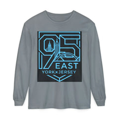 Gray long-sleeve shirt with blue '95 East YorkxJersey' graphic featuring city skyline and bridge design