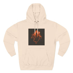 Beige hoodie with orange graphic of city skyline and hand outline on front