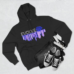 Black hoodie with blue rose and city graphic, paired with jeans and sneakers