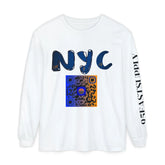 White long sleeve shirt with bold NYC graphic, QR code, and 95EASTSUPPLY sleeve text, blending urban style and modern design.