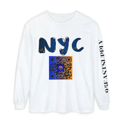 White long sleeve shirt with bold NYC graphic, QR code, and 95EASTSUPPLY sleeve text, blending urban style and modern design.