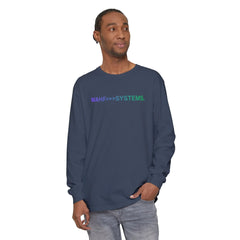 Man wearing navy long sleeve shirt with 'WAHF>>>SYSTEMS.' text, casual streetwear style