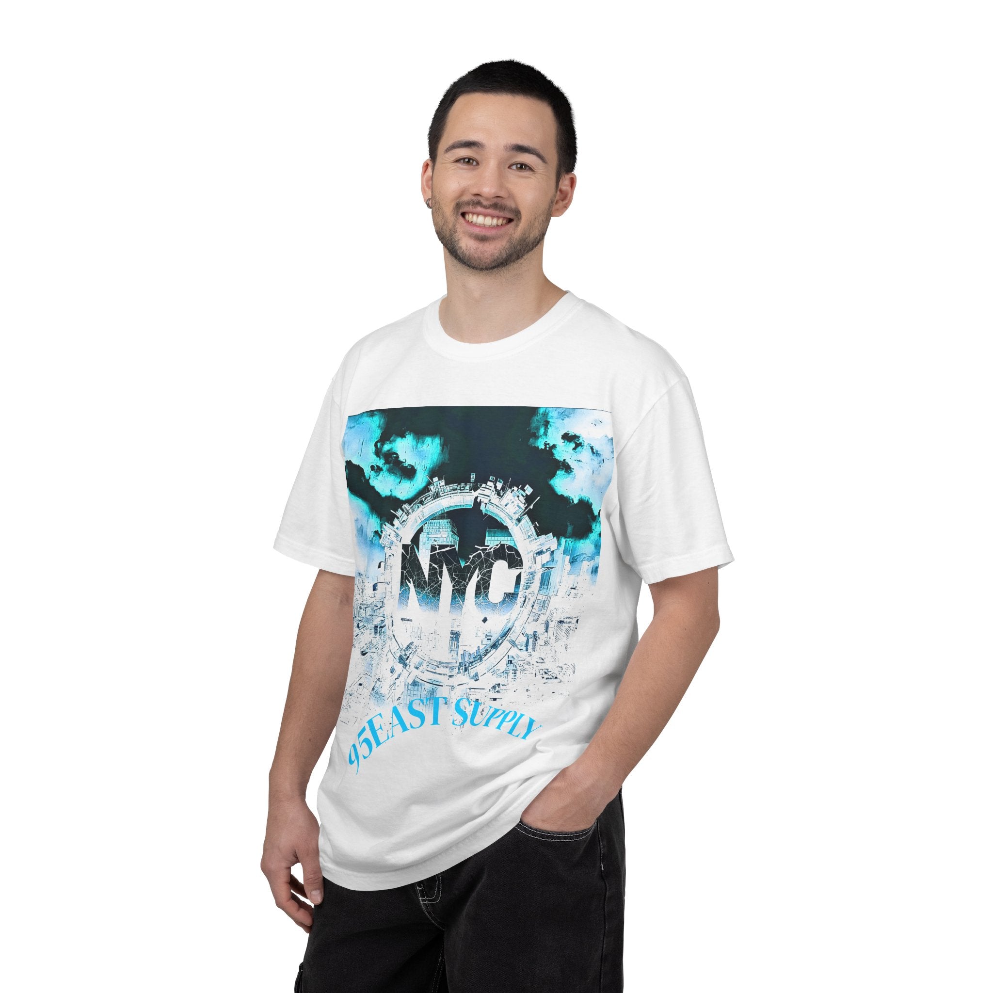 White graphic tee with NYC cityscape print and 95EAST SUPPLY text, modern streetwear style