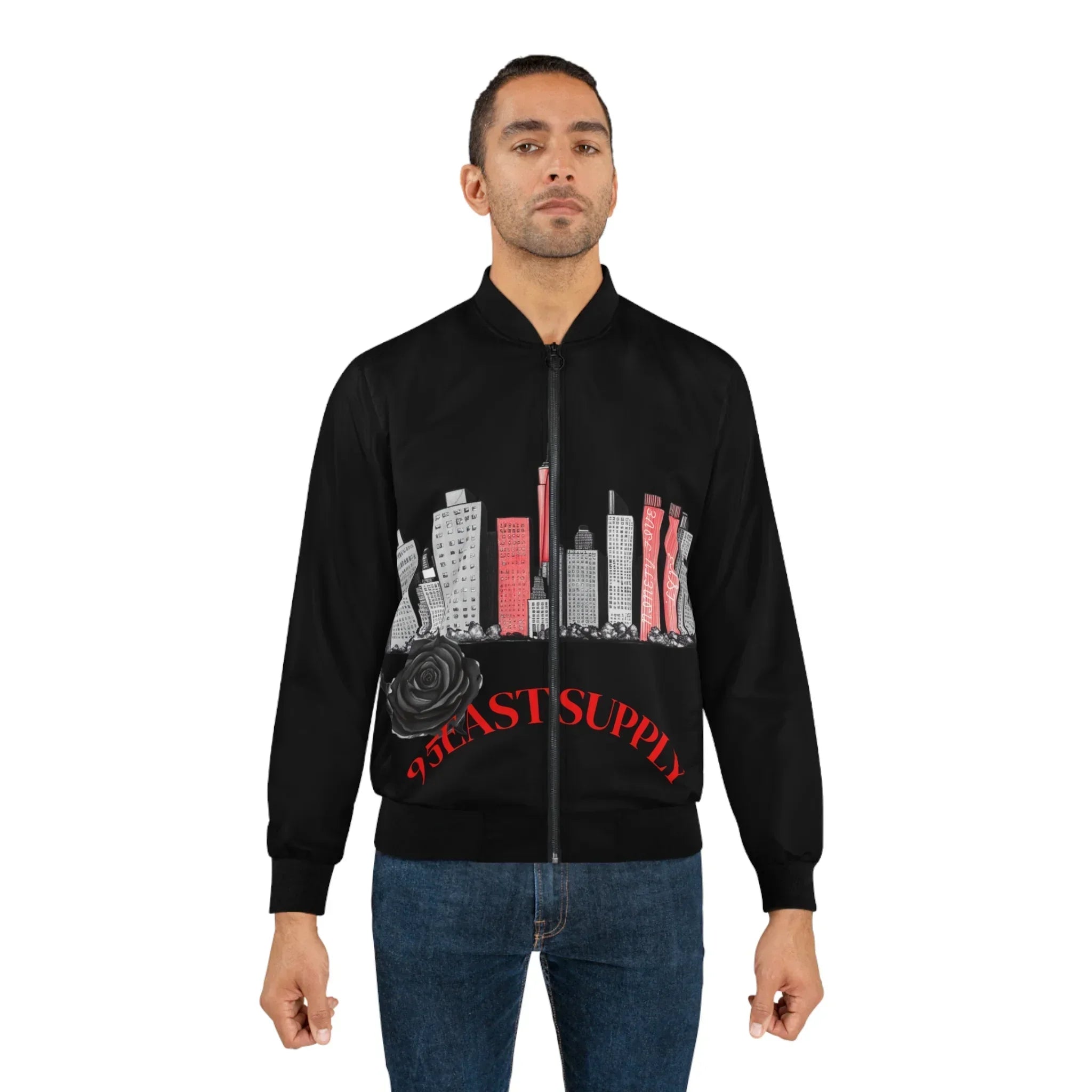 Black bomber jacket with cityscape print and '95EAST SUPPLY' text, featuring a rose design.