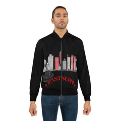 Black bomber jacket with cityscape print and '95EAST SUPPLY' text, featuring a rose design.