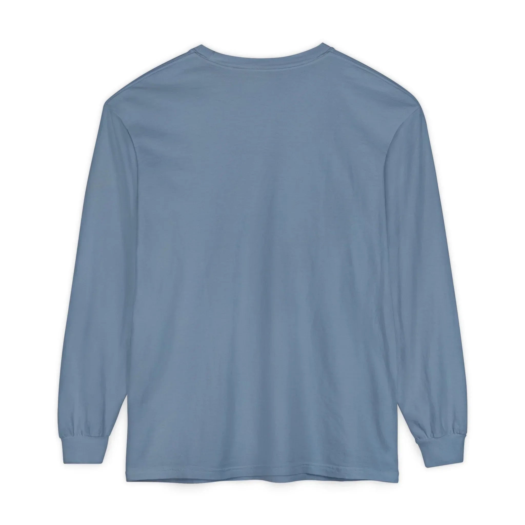 Blue long sleeve t-shirt back view, minimalist design, soft fabric, casual wear, East Coast style